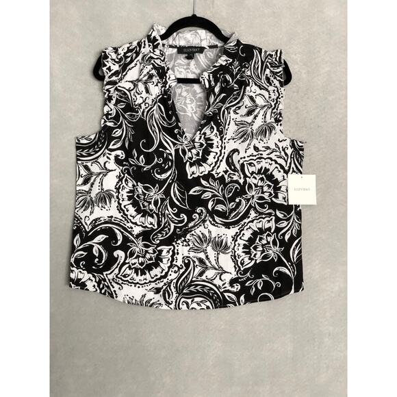 Ellen Tracy Linen Blend Top Women's Medium Ruffle in Black Batik Floral NEW - Picture 1 of 6